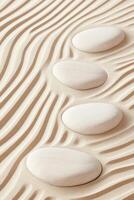 Zen garden with stones on sand, calm waves pattern, gardening simplicity, peaceful wellness space, beige color palette. photo