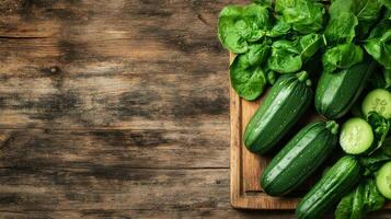 Fresh green zucchinis and spinach leaves on wooden board ready for cooking healthy meal with gardening theme rustic background photo
