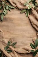 Green leaves and burlap arrangement on wooden surface, evoking natural gardening setting, fresh backdrop with light brown cloth, foliage and plain wood texture. photo