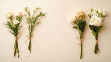 Floral Arrangements Lying Flat on Textured Surface Featuring Roses and Various Greenery tied with Twine in Gardening Concept photo