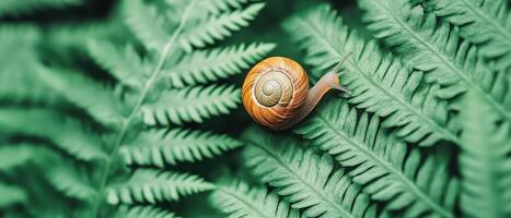 Snail Crawling on Green Fern Leaf. Tiny Animal Exploring Garden Plant. Brown Shell Close Up. Nature and Wildlife in Gardening Concept. photo