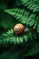 Snail crawls on a fern leaf. Shell has a brown pattern. Background is dark and natural. Details for a gardening design project. photo