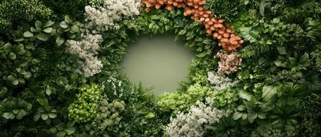 Dense greenery frames central light space. Green leaves and small white flowers create natural wreath shape. Brown flower accents on side. Background suitable gardening. photo