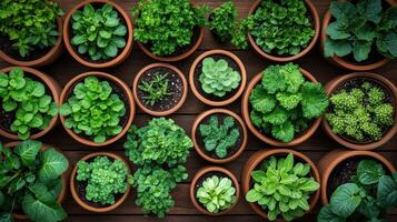 Various green plants grow in clay pots on a wooden surface. Top view shows several plants in a row. Gardening concept. photo