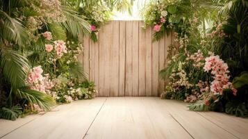 Wooden Deck with Lush Tropical Plants and Soft Pink Flowers against Wood Wall ideal background for Gardening related themes photo