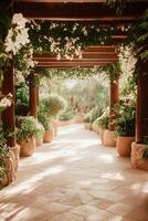 Covered Wooden Structure Path Leading to Gardens with Many Plants in Pots Under Bright Sunlight for Relaxing Outdoors on Summer Day photo
