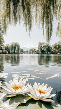 Two White Water Lilies Bloom on Pads in Pond with Koi Fish Below Weeping Willow Trees in Garden Setting photo