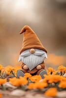 Garden gnome sits among bright orange flowers. Small character with beard and conical hat placed inside blossoming field. Peaceful time in garden. photo