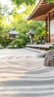 Zen Garden Sand Pattern Rocks Green Trees Japanese Building Tranquil Scene Gardening photo