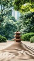 Zen garden with a pagoda on sand spirals, peaceful nature scene, blurred background of green trees and foliage, concepts for gardening photo