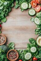 Fresh vegetables frame light wood surface. Healthy green salad ingredients with tomato, cucumber, avocado, spinach, broccoli. Two wooden bowls with seeds photo