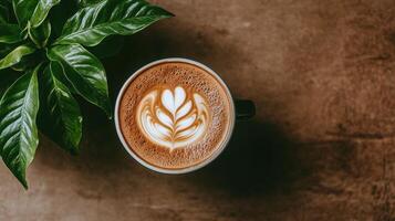 Coffee cup with latte art foam design next to green plant on brown surface. Relaxing morning drink with textured table backdrop photo