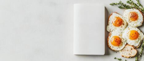 Fried eggs with thyme and bread near a blank notebook on a textured white surface for food menu or recipe design photo