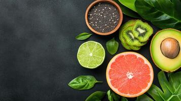 Healthy fruits and seeds flat lay arrangement. Kiwi, grapefruit, avocado, lime, chia seeds, green leaves on a dark stone background. Healthy food concept photo