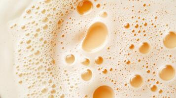 Close up of amber liquid with frothy bubbles and surface tension in varying sizes against a light background. Macro image of textured liquid photo