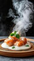 Cooked seafood on plate with foamy sauce. Food art and culinary presentation with herbs and steam. Delicious food with dark background photo