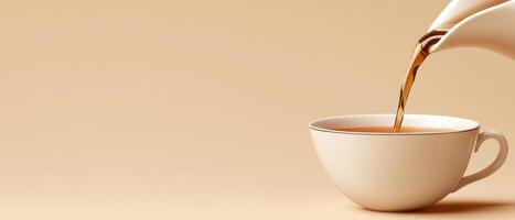 Tea pours from white ceramic pitcher into matching cup with gold trim on a plain beige background with ample copy space photo