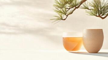 Still life with clear glass of amber liquid and textured ceramic vase under pine branch on white surface with soft cloudy background photo