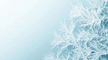 Frozen patterns form intricate ice crystals. Delicate frost flowers bloom on a window. Light blue background shines through winter art. photo