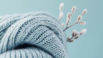 Light blue knitted texture and branch with ice crystals. Winter season. Close up of frost on willow. Cold weather concept. photo