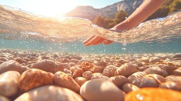Hand reaches into clear ocean water above smooth pebbles on beach with sun shining above mountain backdrop. Light reflects from below surface. photo