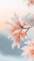 Frozen orange leaves covered in ice crystals sparkle gently on a tree branch against a soft blue and peach background during winter photo