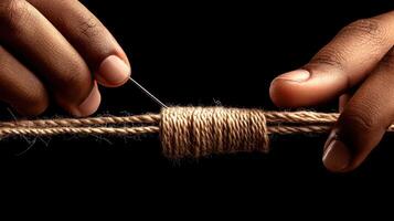 Dark hands sew brown string with a needle. A thick coil of rope is being secured on black background. photo