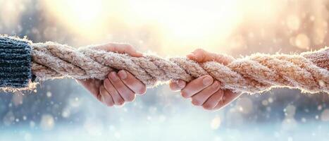 Hands grip thick rope covered with frost. Sunlight shines on winter scene with bokeh light. Snowy crystals cling to rough fiber. photo