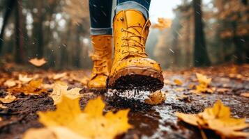 Yellow boots walk on a path with fallen leaves. Rain falls in a forest. Brown mud splashes around the boots. photo