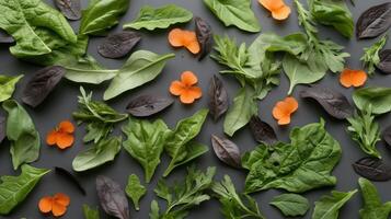 Fresh green leaves and small orange flowers scattered on a dark gray surface. Arugula, spinach, and other leafy greens create a vibrant natural pattern. photo