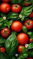 Fresh red tomatoes and green basil leaves arranged together on dark surface. Small white flowers interspersed amongst food elements. Close up detailed view. photo