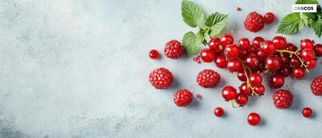 Red currants and raspberries are arranged on a textured light gray surface, some green leaves visible, forming a colorful pattern. photo