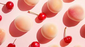 Ripe red cherries and fuzzy peaches create repeating pattern. Produce laying on light pink surface with strong shadows. Sweet summer fruits. Bright background. photo