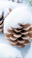 Pine cone covered in fresh snow. Winter season concept. Brown cone sitting on white surface. Nature and frozen background with coniferous plant. photo