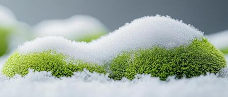 Green moss mounds under white snow. Fresh growth in winter. Small hill covered with ice crystals. Cold season in miniature scene. photo