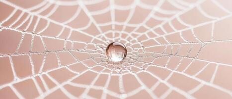 Delicate spiderweb covered with dew. One clear droplet hangs at the center. Pale pink background with soft light. Clean and natural design. photo