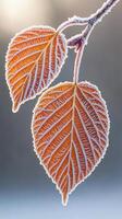 Two orange leaves hang from a small branch covered with frost crystals. Winter scene with frozen leaf texture detail against a blurry background. photo
