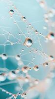 Delicate spiderweb glistens with clear water droplets against a soft blue backdrop. Close up view shows intricate network of dew covered silk strands. photo