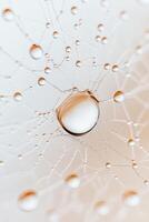Delicate water droplets cling to a spiderweb. Strands glisten with moisture. Large drops suspend with gentle tension. Pale background with soft light. Close view. photo