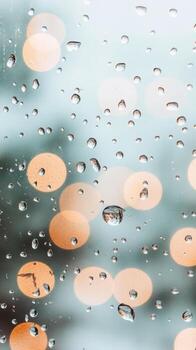agua gotas adherirse a vaso. suave ligero puntos brillar en distancia. Fresco lluvia caídas en contra borroso antecedentes. macro cerca ver muestra pureza. foto