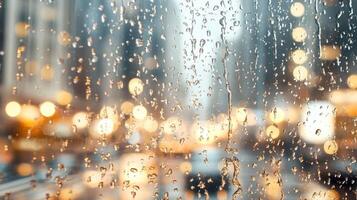 Rain drops cling to a window pane. Blurred city lights glow in the evening. Water streaks create abstract patterns. Focus on weather's texture. photo