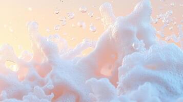 White Foam Structure. Close View of Soap Bubbles Rising. Cleansing Bath Product Texture. Soft Light Background. Water Drops Airborne. photo
