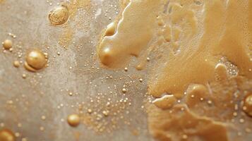 Golden liquid splashes on surface. Metallic drops merge and spread out. Shiny fluid creates unique designs. Close view of bronze colored material. Smooth texture with bubbles. photo