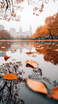 Autumn leaves float on water surface. Trees reflect in pond with cityscape in soft focus background during fall season on overcast day. photo