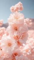 Delicate pink blossoms cluster in airy abundance against a soft blue sky with a distant mountain range backdrop, showcasing floral beauty and natural light. photo