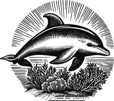 Elegant Dolphin Illustration in Vintage Style with Coral Elements vector