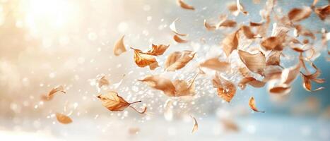 Autumn leaves swirl in a gentle breeze with light particles. Golden foliage floats against a bright, blurred background. Falling natural elements create a dreamy atmosphere. photo