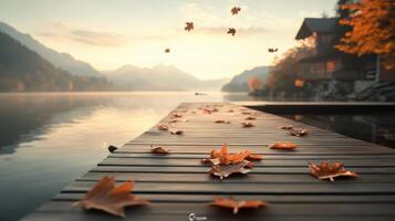 Autumn leaves scattered on wooden dock over calm lake. Mountains and cabin visible in background during a misty sunset. photo
