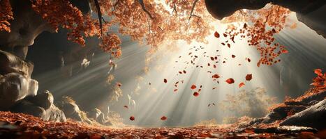 Cave entrance with light rays shining as orange leaves fall. Forest floor covered with fallen foliage. Sunlight filters through the tree canopy. photo