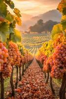 Ripe grapes hang from vines in vineyard, autumn leaves cover the ground, trees and mountains in background under a pastel sunrise photo